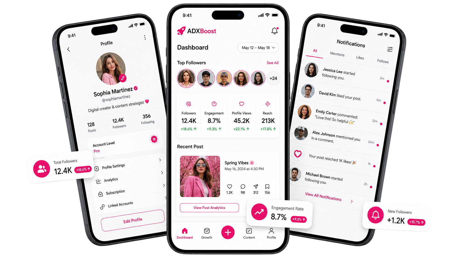 ADXBoost mobile app screens showing dashboard, profile and notifications